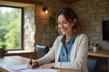 Femme souriante en intérieur dans une maison rustique