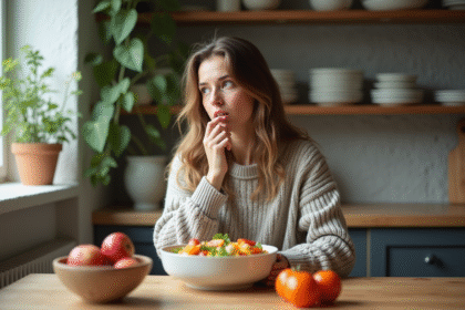 Jeune femme mangeant une salade colorée dans la cuisine