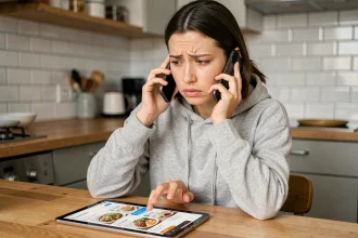 Femme contactant le service client Uber Eats par téléphone depuis sa cuisine pour demander un remboursement