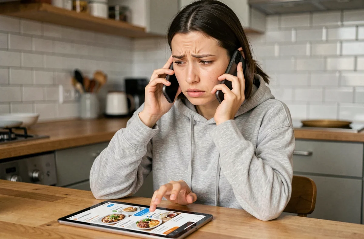 Femme contactant le service client Uber Eats par téléphone depuis sa cuisine pour demander un remboursement