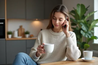 Femme assise à la cuisine utilisant son smartphone