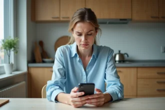 Femme d'âge moyen dans une cuisine moderne vérifiant son smartphone