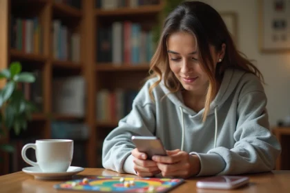 Jeune femme jouant à un jeu de plateau mobile sur smartphone pour farmer des liens gratuits Monopoly GO en 2026