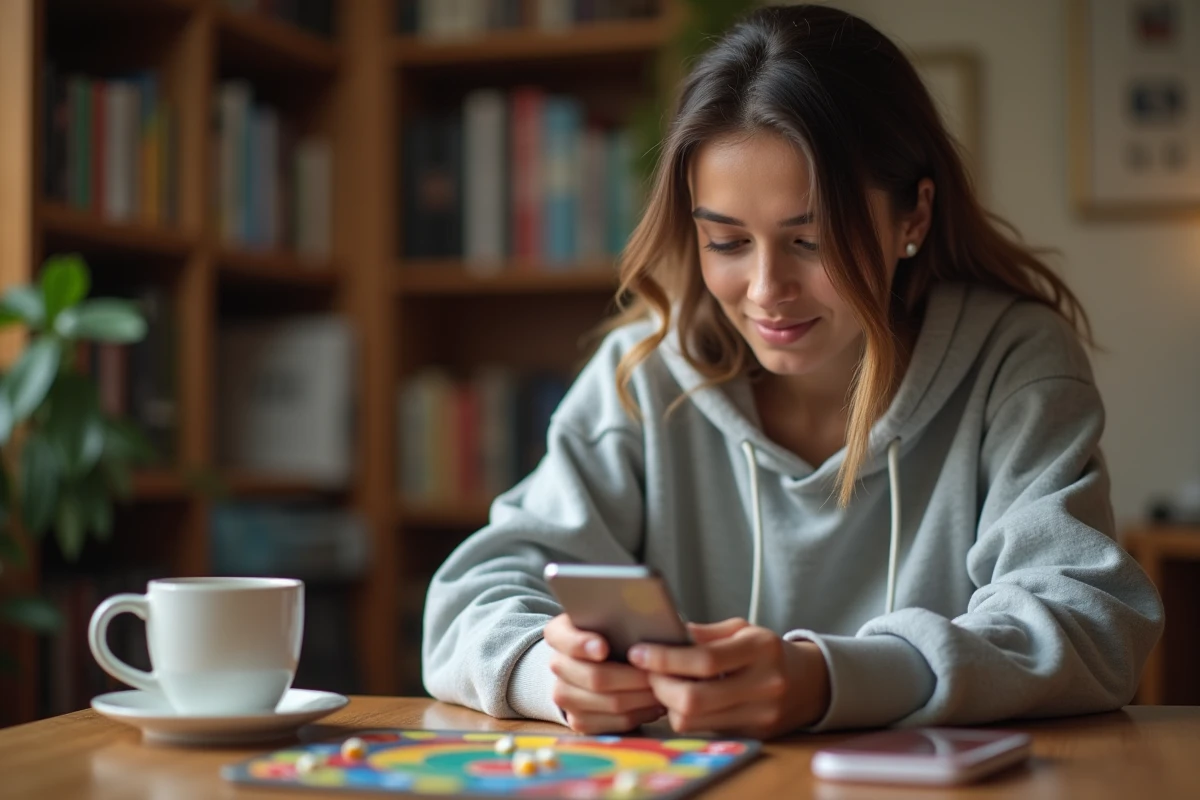 Jeune femme jouant à un jeu de plateau mobile sur smartphone pour farmer des liens gratuits Monopoly GO en 2026