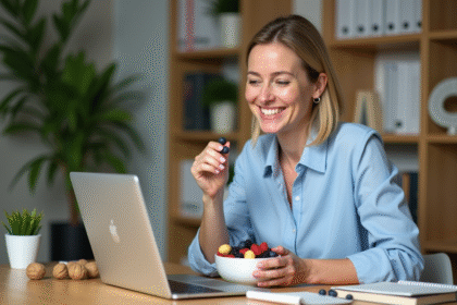Femme souriante avec bol de fruits frais dans un bureau lumineux