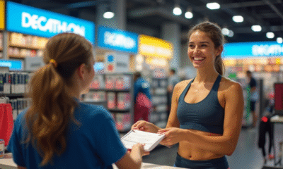 Femme sportive remettant des chèques vacances au caissier chez Decathlon