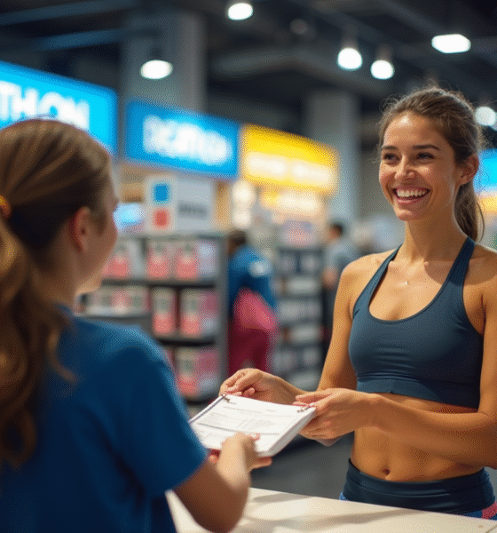 Femme sportive remettant des chèques vacances au caissier chez Decathlon