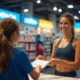 Femme sportive remettant des chèques vacances au caissier chez Decathlon