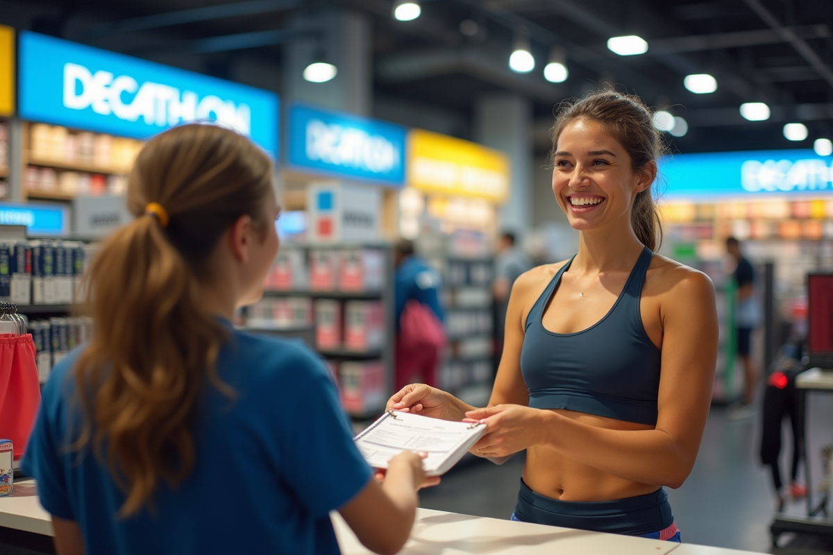 Femme sportive remettant des chèques vacances au caissier chez Decathlon
