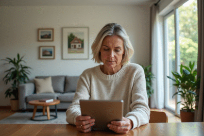 Femme d'âge moyen tenant une tablette dans un salon lumineux