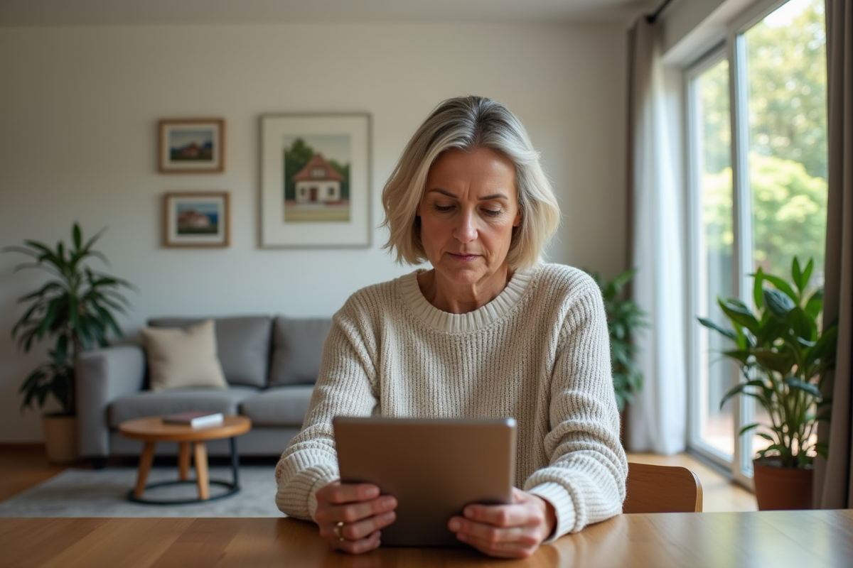 Femme d'âge moyen tenant une tablette dans un salon lumineux