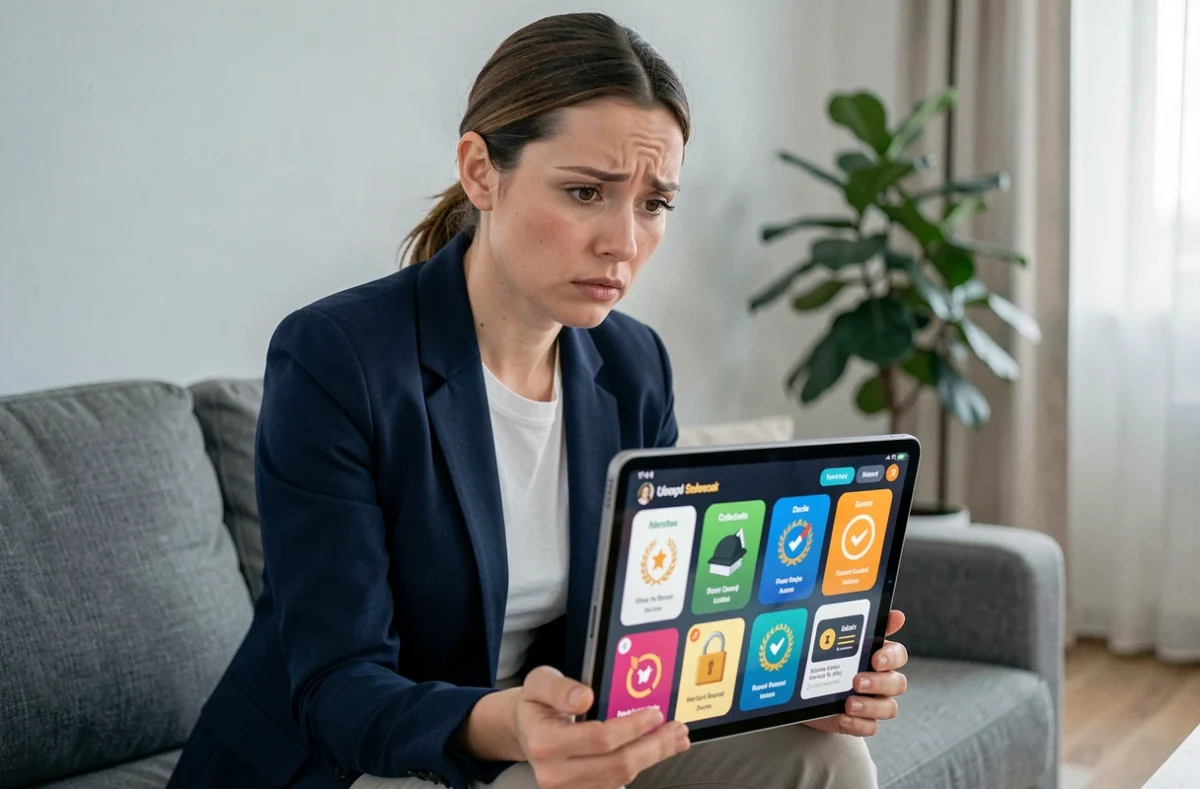 Femme en blazer marine regardant une tablette affichant un jeu de plateau mobile avec du contenu verrouillé, assise sur un canapé gris dans un salon moderne