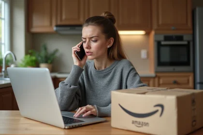 Femme frustrée au téléphone avec le service client Amazon devant un ordinateur affichant un problème de commande