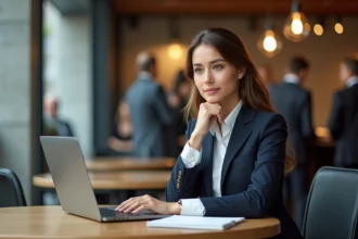 Femme en tenue professionnelle travaillant au café