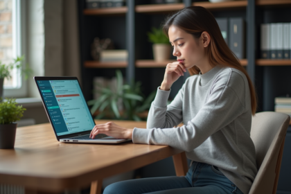 Jeune femme au bureau compare VPN et antivirus
