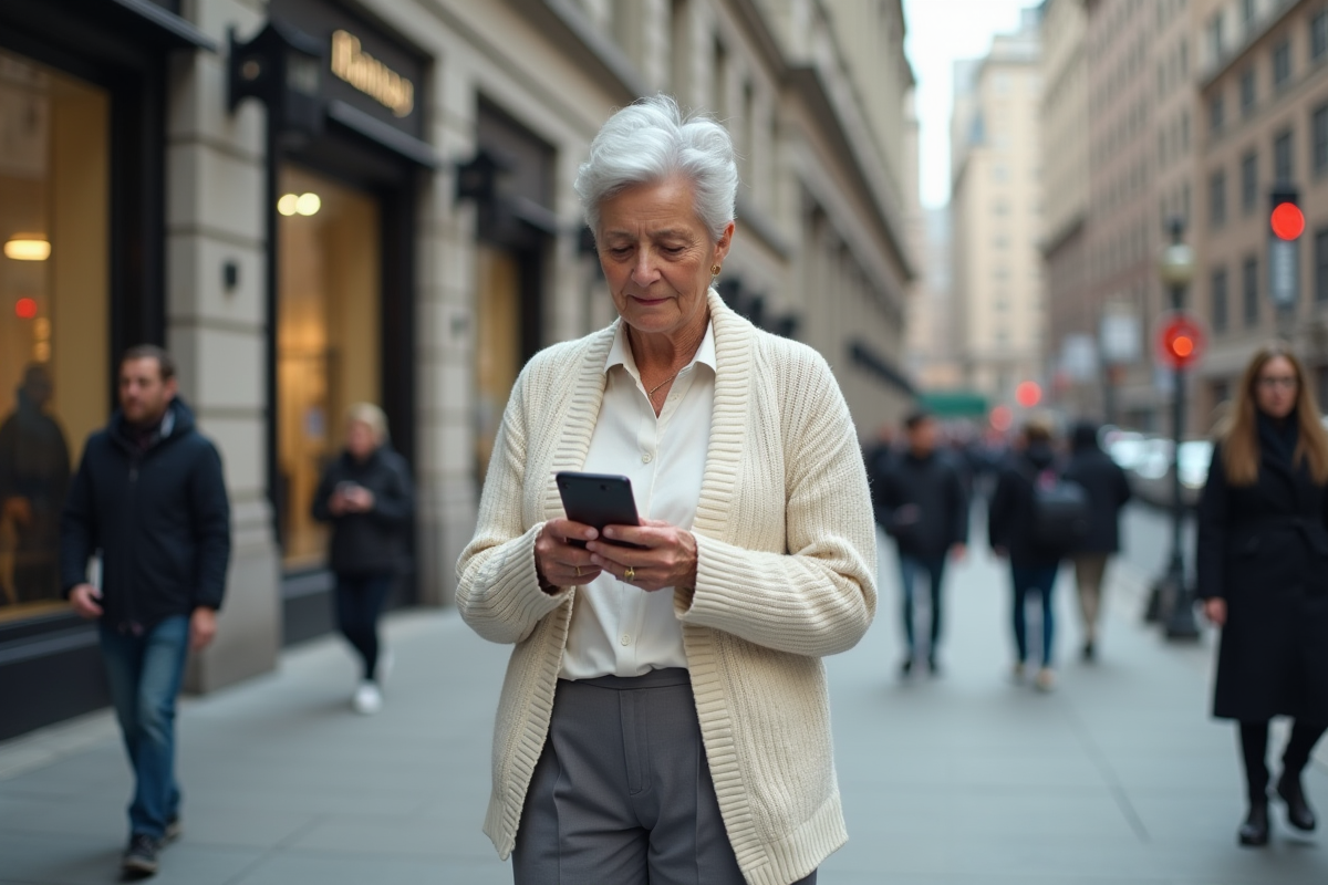 Femme âgée vérifiant son téléphone dans la ville