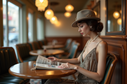 Jeune femme en robe 1920s dans un café parisien