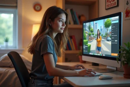 Jeune femme joue à The Sims 4 sur un ordinateur dans une chambre cosy