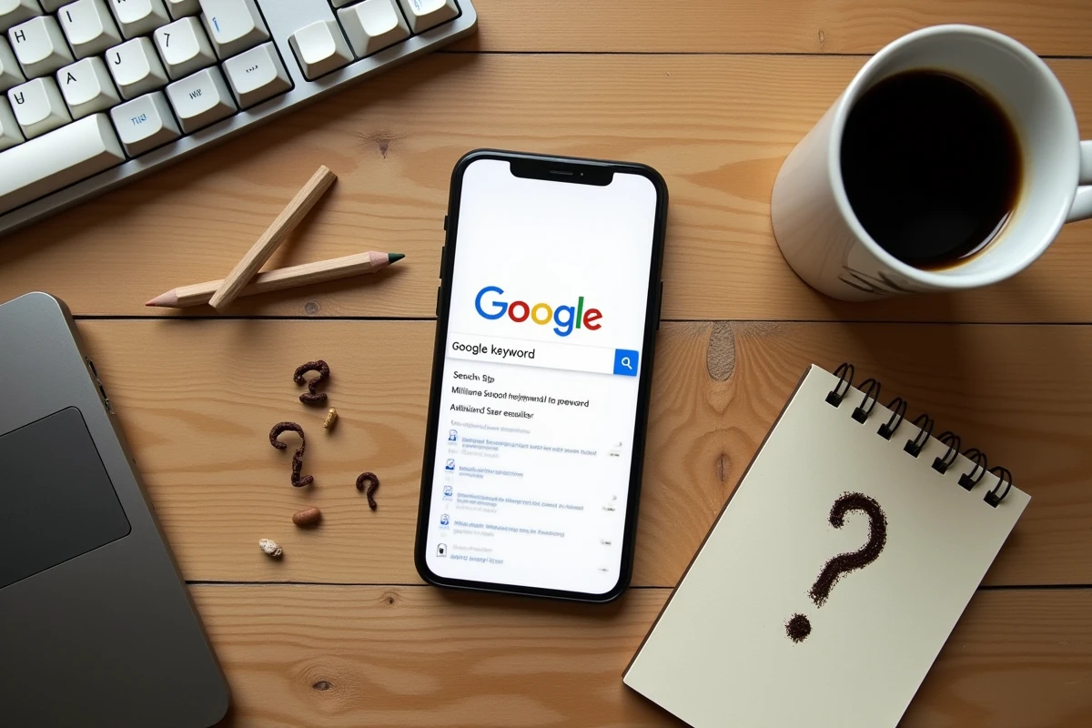 Vue de dessus d'un bureau avec un smartphone affichant un mot-clé énigmatique dans la barre de recherche Google
