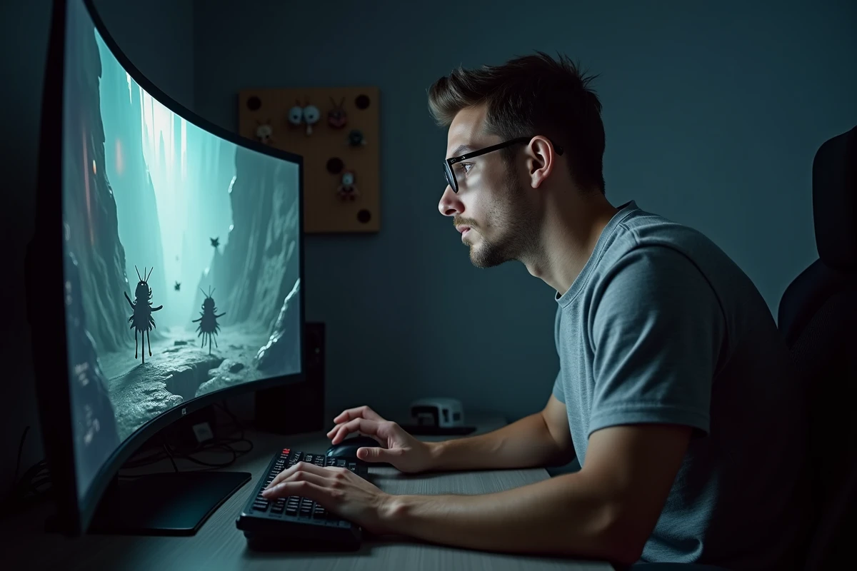 Gamer adulte analysant les fins alternatives et l'impact de la clé de l'Apostat dans Silksong sur grand écran