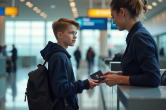 Garçon de 13 ans avec sac à dos en attente à l'aéroport
