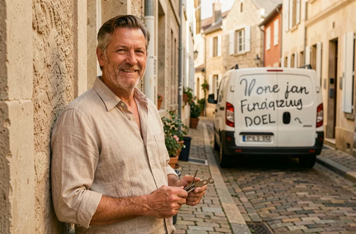 Artisan serrurier Gay Joel posant devant une maison de ville avec ses outils de serrurerie