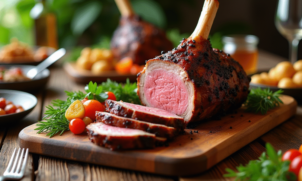 Gigot d'agneau rôti sur planche en bois avec légumes