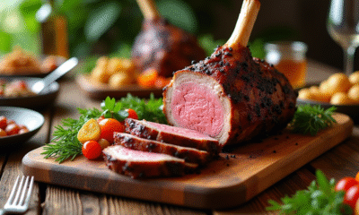 Gigot d'agneau rôti sur planche en bois avec légumes