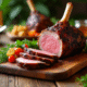 Gigot d'agneau rôti sur planche en bois avec légumes