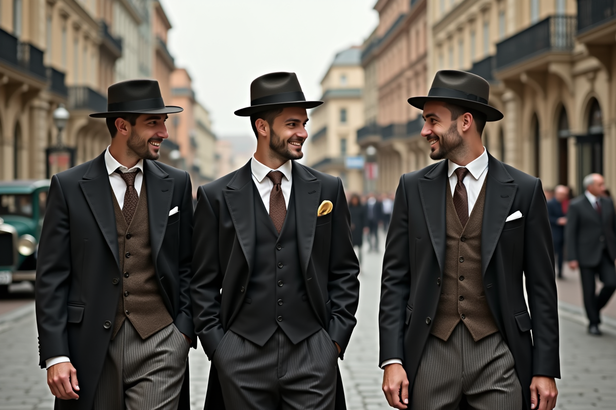 Trois hommes en costumes 1920s marchant dans la rue