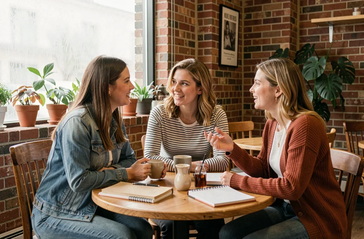 Trois amies en conversation animée dans un café chaleureux avec murs en briques et tasses de café