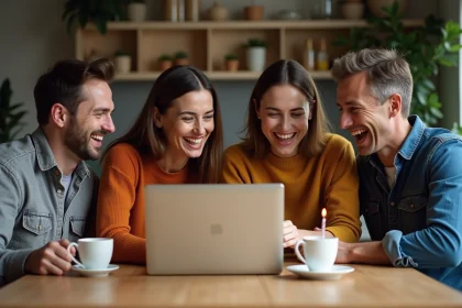 Groupe d'amis qui regardent des GIFs d'anniversaire rigolos sur un ordinateur portable en riant