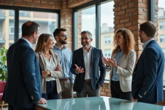 Groupe divers de collègues en réunion dans un bureau moderne