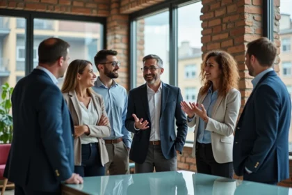 Groupe divers de collègues en réunion dans un bureau moderne