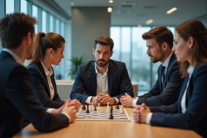 Groupe d'adultes en réunion jouant à un jeu de société dans un bureau moderne