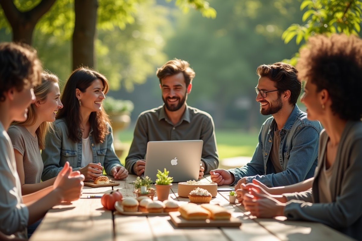 Groupe de personnes autour d une table en plein air célébrant l entrepreneuriat