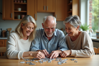 Trois adultes souriants autour d'un puzzle dans la cuisine
