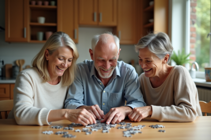 Trois adultes souriants autour d'un puzzle dans la cuisine