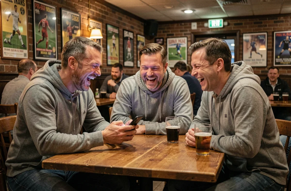 Groupe d'hommes dans un bar riant autour d'une blague partagée sur un téléphone portable, illustrant les dérives humoristiques sur les réseaux sociaux