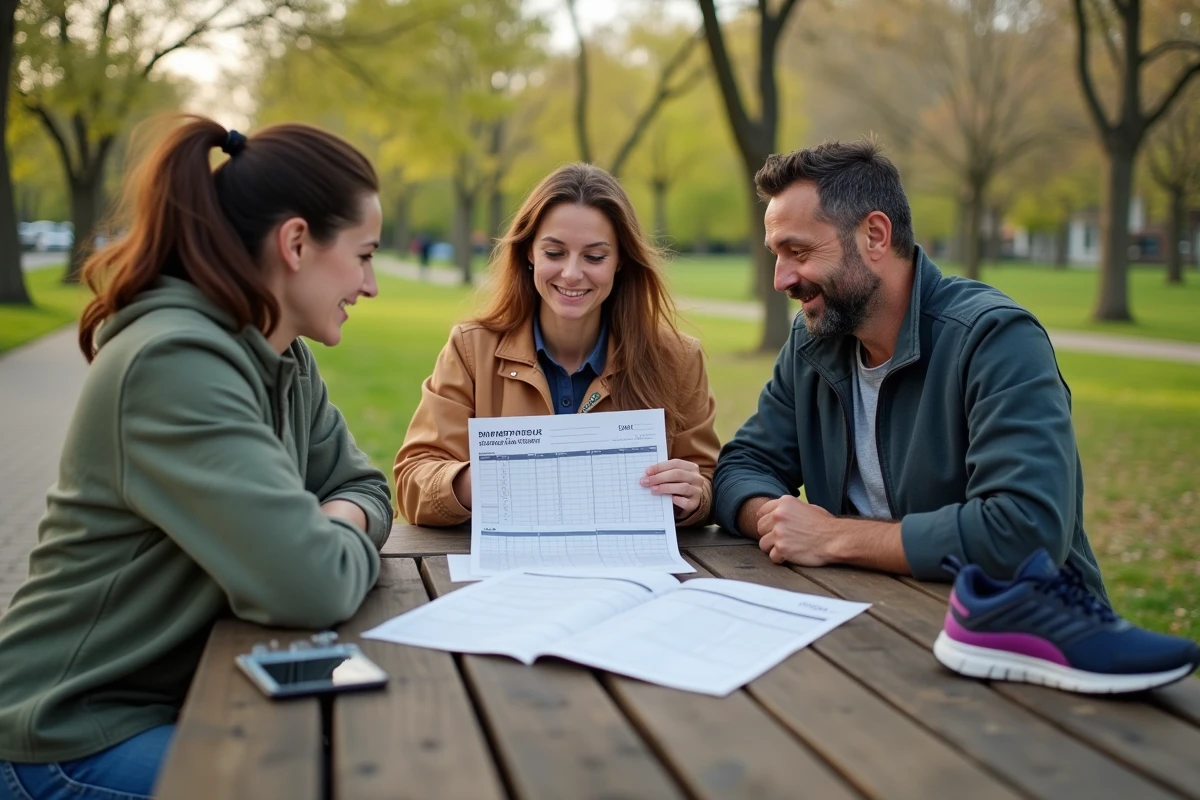 Groupe d'adultes planifiant leurs activités sportives et loisirs selon le calendrier semaines paires impaires 2026 dans un parc