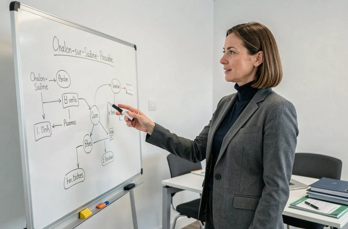 Avocate en conseil juridique à Chalon-sur-Saône expliquant un schéma juridique à un client lors d'une session de conseil