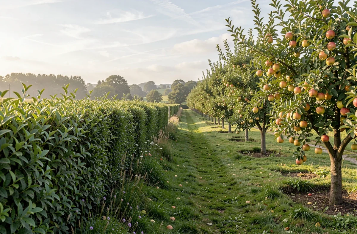Haie et arbres fruitiers à la limite de deux jardins