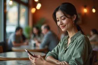 Femme regardant l'heure miroir 14h41 sur son téléphone dans un café, expression pensive et romantique