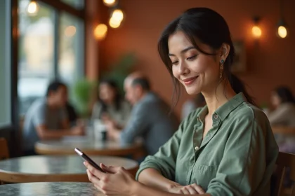 Femme regardant l'heure miroir 14h41 sur son téléphone dans un café, expression pensive et romantique