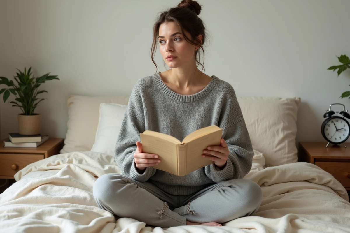 Femme méditant sur la signification de l'heure miroir 14h41 avec un réveil vintage dans une chambre cosy