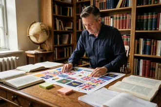 Historien examinant un tableau de référence des drapeaux britanniques et du Commonwealth sur un bureau universitaire en chêne