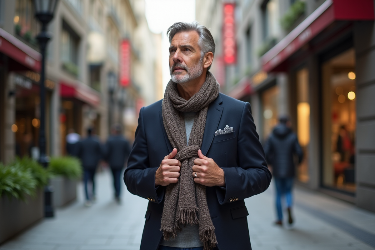 Homme élégant ajustant une écharpe dans la ville