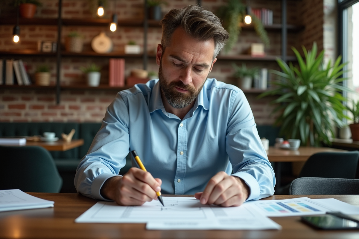 Homme en milieu coworking analyse documents et stratégie