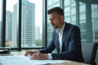 Homme confiant examinant des plans architecturaux dans un bureau moderne