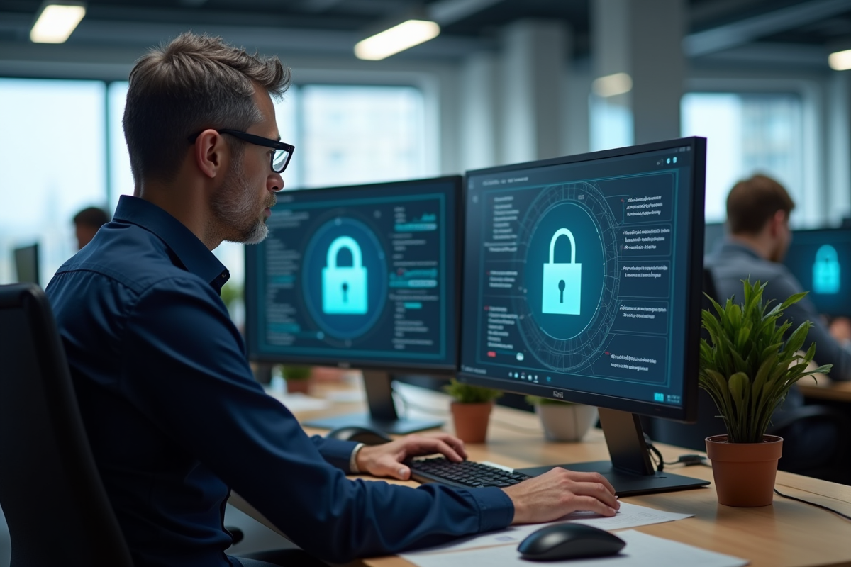 Homme au bureau utilise VPN et antivirus sur son PC